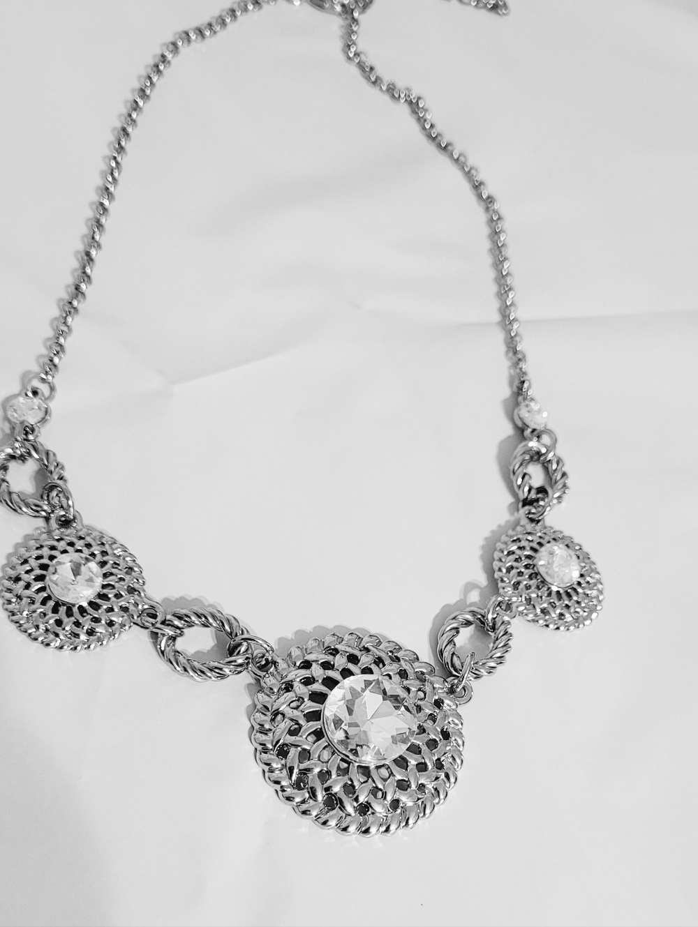 Silver Tone Rhinestone Statement Necklace Chunky Medallion Link Necklace